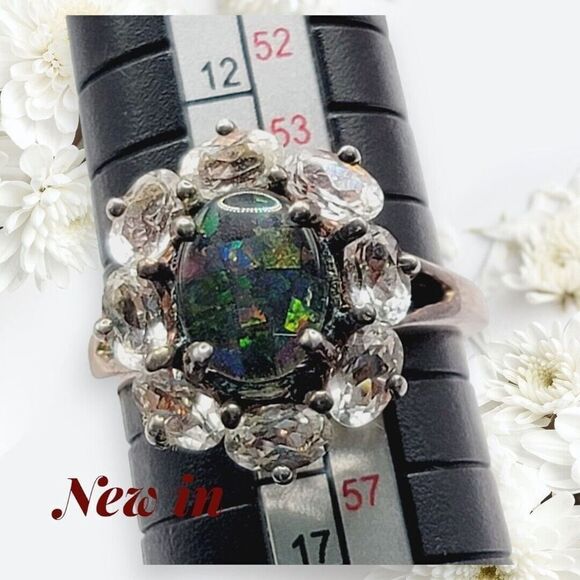 NWOT Sterling Silver Black Fire Opal Ring With Cluster Topaz Jewelry Gift - Picture 14 of 14